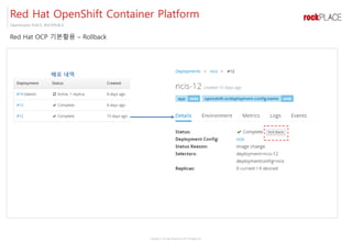 Copyright ⓒ All right Reserved by 2017 Rockplace Inc.
OpenSource PLACE, ROCKPLACE
Red Hat OCP 기본활용 – Rollback
Red Hat OpenShift Container Platform
배포 내역
 