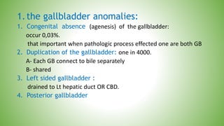 1.the gallbladder anomalies:
1. Congenital absence (agenesis) of the gallbladder:
occur 0,03%.
that important when pathologic process effected one are both GB
2. Duplication of the gallbladder: one in 4000.
A- Each GB connect to bile separately
B- shared
3. Left sided gallbladder :
drained to Lt hepatic duct OR CBD.
4. Posterior gallbladder
 