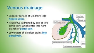 Venous drainage:
• Superior surface of GB drains into
hepatic veins.
• Rest of GB is drained by one or two
cystic veins which enter into right
branch of portal vein.
• Lower part of bile duct drains into
portal vein.
 
