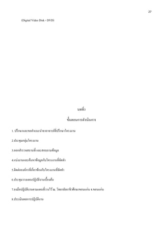 27 
(Digital Video Disk - DVD) 
บทที่3 
ขั้นตอนการดา เนินการ 
1. ปรึกษาและขอคา แนะนา จาอาจารย์ที่ปรึกษาโครงงาน 
2.ประชุมกลุ่มโครงงาน 
3.ออกสารวจสถานที่ และสอบถามข้อมูล 
4.แบ่งงานและค้นหาข้อมูลกับโครงงานที่จัดทา 
5.ติดต่อองค์กรที่เกี่ยวข้องกับโครงงานที่จัดทา 
6.ประชุมวางแผนปฏิบัติงานเบื้องต้น 
7.ลงมือปฏิบัติงานตามแผนที่วางไว้ ณ. วิทยาลัยอาชีวศึกษาขอนแก่น จ.ขอนแก่น 
8.ประเมินผลการปฏิบัติงาน 
 