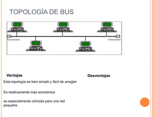 TOPOLOGÍA DE BUS




 Ventajas                                           Desventajas
Esta topología es bien simple y fácil de arreglar


Es relativamente más económica

es especialmente cómoda para una red
pequeña
 