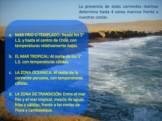 La presencia de estas corrientes marinas
determina hasta 4 zonas marinas frente a
nuestras costas.
 