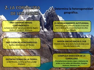 Determina la heterogeneidad
geográfica.
TRES GRANDES MASAS
CONTINENTALES:
La Costa (entre el mar y la cordillera), Región
Andina o Sierra y la Amazonia.
TRES CUENCAS HIDROGRÁFICAS:
Pacífico, Atlántico y la del Titicaca
DISTINTAS ZONAS EN LA TIERRA:
La del Páramo, La Jalca, La Puna y la del
Altiplano.
EL DESPLAZAMIENTO ALTITUDINAL:
Diferentes pisos verticales desde el nivel del
mar y de la selva amazónica hasta las altas
cordilleras.
MAYOR ANCHO HACIA EL SUR
Posición árida de la sierra hacia el oeste y una
húmeda hacia el este.
COMPLEJA DISECCIÓN DE LA
CORDILLERA
Precipitaciones dando origen a bolsones de
aridez en los valles del Marañón, Huaylas,
Huánuco, Mantaro, etc..
 