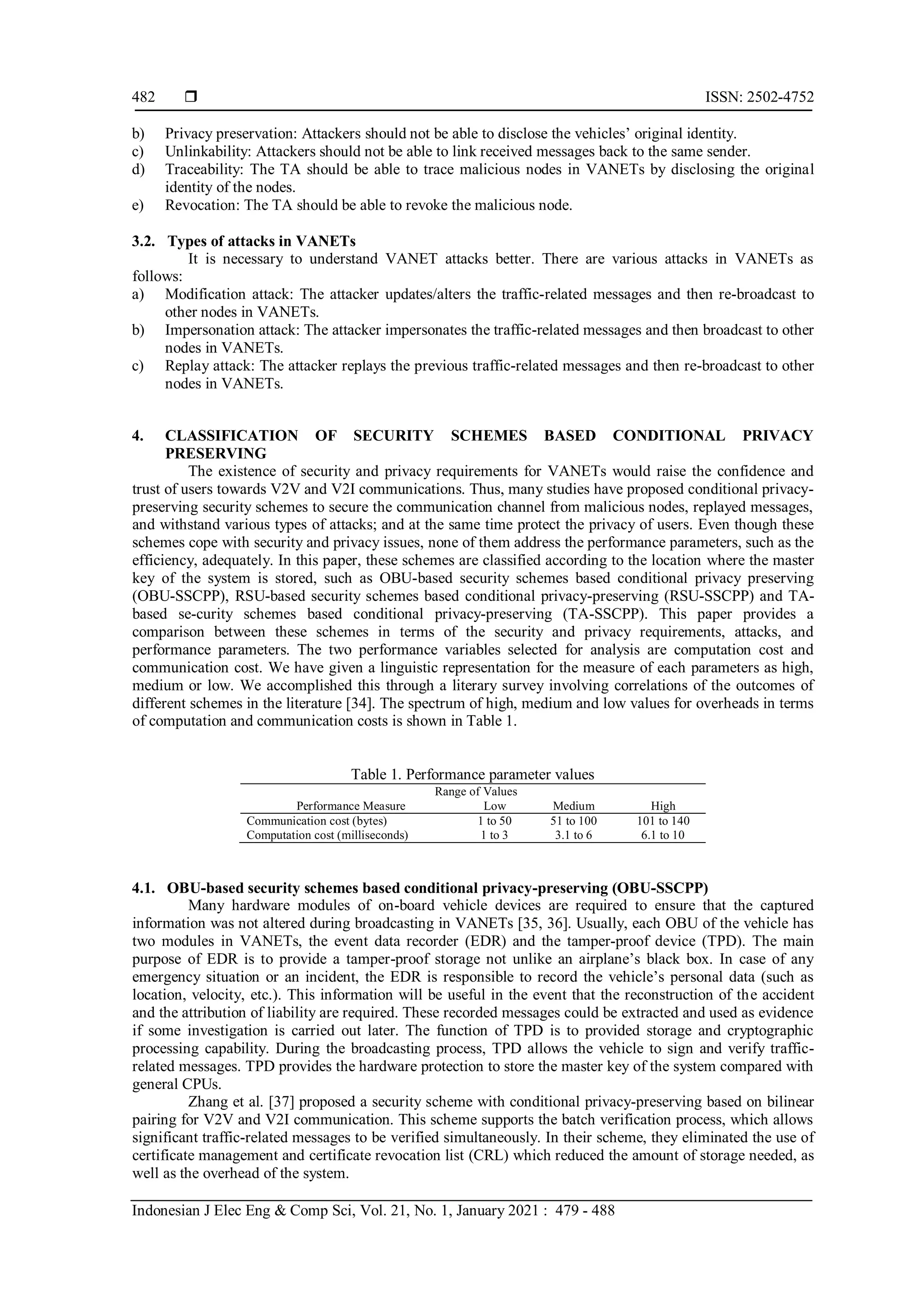  ISSN: 2502-4752
Indonesian J Elec Eng & Comp Sci, Vol. 21, No. 1, January 2021 : 479 - 488
482
b) Privacy preservation: Attackers should not be able to disclose the vehicles’ original identity.
c) Unlinkability: Attackers should not be able to link received messages back to the same sender.
d) Traceability: The TA should be able to trace malicious nodes in VANETs by disclosing the original
identity of the nodes.
e) Revocation: The TA should be able to revoke the malicious node.
3.2. Types of attacks in VANETs
It is necessary to understand VANET attacks better. There are various attacks in VANETs as
follows:
a) Modification attack: The attacker updates/alters the traffic-related messages and then re-broadcast to
other nodes in VANETs.
b) Impersonation attack: The attacker impersonates the traffic-related messages and then broadcast to other
nodes in VANETs.
c) Replay attack: The attacker replays the previous traffic-related messages and then re-broadcast to other
nodes in VANETs.
4. CLASSIFICATION OF SECURITY SCHEMES BASED CONDITIONAL PRIVACY
PRESERVING
The existence of security and privacy requirements for VANETs would raise the confidence and
trust of users towards V2V and V2I communications. Thus, many studies have proposed conditional privacy-
preserving security schemes to secure the communication channel from malicious nodes, replayed messages,
and withstand various types of attacks; and at the same time protect the privacy of users. Even though these
schemes cope with security and privacy issues, none of them address the performance parameters, such as the
efficiency, adequately. In this paper, these schemes are classified according to the location where the master
key of the system is stored, such as OBU-based security schemes based conditional privacy preserving
(OBU-SSCPP), RSU-based security schemes based conditional privacy-preserving (RSU-SSCPP) and TA-
based se-curity schemes based conditional privacy-preserving (TA-SSCPP). This paper provides a
comparison between these schemes in terms of the security and privacy requirements, attacks, and
performance parameters. The two performance variables selected for analysis are computation cost and
communication cost. We have given a linguistic representation for the measure of each parameters as high,
medium or low. We accomplished this through a literary survey involving correlations of the outcomes of
different schemes in the literature [34]. The spectrum of high, medium and low values for overheads in terms
of computation and communication costs is shown in Table 1.
Table 1. Performance parameter values
Range of Values
Performance Measure Low Medium High
Communication cost (bytes) 1 to 50 51 to 100 101 to 140
Computation cost (milliseconds) 1 to 3 3.1 to 6 6.1 to 10
4.1. OBU-based security schemes based conditional privacy-preserving (OBU-SSCPP)
Many hardware modules of on-board vehicle devices are required to ensure that the captured
information was not altered during broadcasting in VANETs [35, 36]. Usually, each OBU of the vehicle has
two modules in VANETs, the event data recorder (EDR) and the tamper-proof device (TPD). The main
purpose of EDR is to provide a tamper-proof storage not unlike an airplane’s black box. In case of any
emergency situation or an incident, the EDR is responsible to record the vehicle’s personal data (such as
location, velocity, etc.). This information will be useful in the event that the reconstruction of the accident
and the attribution of liability are required. These recorded messages could be extracted and used as evidence
if some investigation is carried out later. The function of TPD is to provided storage and cryptographic
processing capability. During the broadcasting process, TPD allows the vehicle to sign and verify traffic-
related messages. TPD provides the hardware protection to store the master key of the system compared with
general CPUs.
Zhang et al. [37] proposed a security scheme with conditional privacy-preserving based on bilinear
pairing for V2V and V2I communication. This scheme supports the batch verification process, which allows
significant traffic-related messages to be verified simultaneously. In their scheme, they eliminated the use of
certificate management and certificate revocation list (CRL) which reduced the amount of storage needed, as
well as the overhead of the system.
 