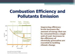 Combustion Efficiency and
Pollutants Emission
Improving efficiency
levels increases the
amount of energy that can
be extracted from a single
unit of coal. Increases in
the efficiency of
electricity generation are
essential in tackling
climate change
 