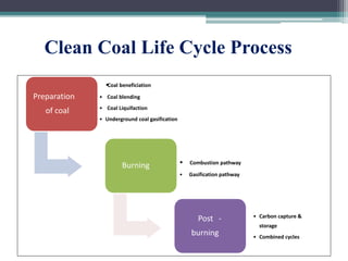 Clean Coal Life Cycle Process
Preparation
of coal
•Coal beneficiation
• Coal blending
• Coal Liquifaction
• Underground coal gasification
Burning • Combustion pathway
• Gasification pathway
Post -
burning
• Carbon capture &
storage
• Combined cycles
 