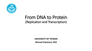 From DNA to Protein
(Replication and Transcription)
UNIVERSITY OF TEHRAN
Ahmad V.Kashani, PhD
 