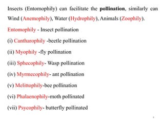 Insects (Entomophily) can facilitate the pollination, similarly can
Wind (Anemophily), Water (Hydrophily), Animals (Zoophily).
Entomophily - Insect pollination
(i) Cantharophily -beetle pollination
(ii) Myophily -fly pollination
(iii) Sphecophily- Wasp pollination
(iv) Myrmecophily- ant pollination
(v) Melittophily-bee pollination
(vi) Phalaenophily-moth pollinated
(vii) Psycophily- butterfly pollinated
4
 