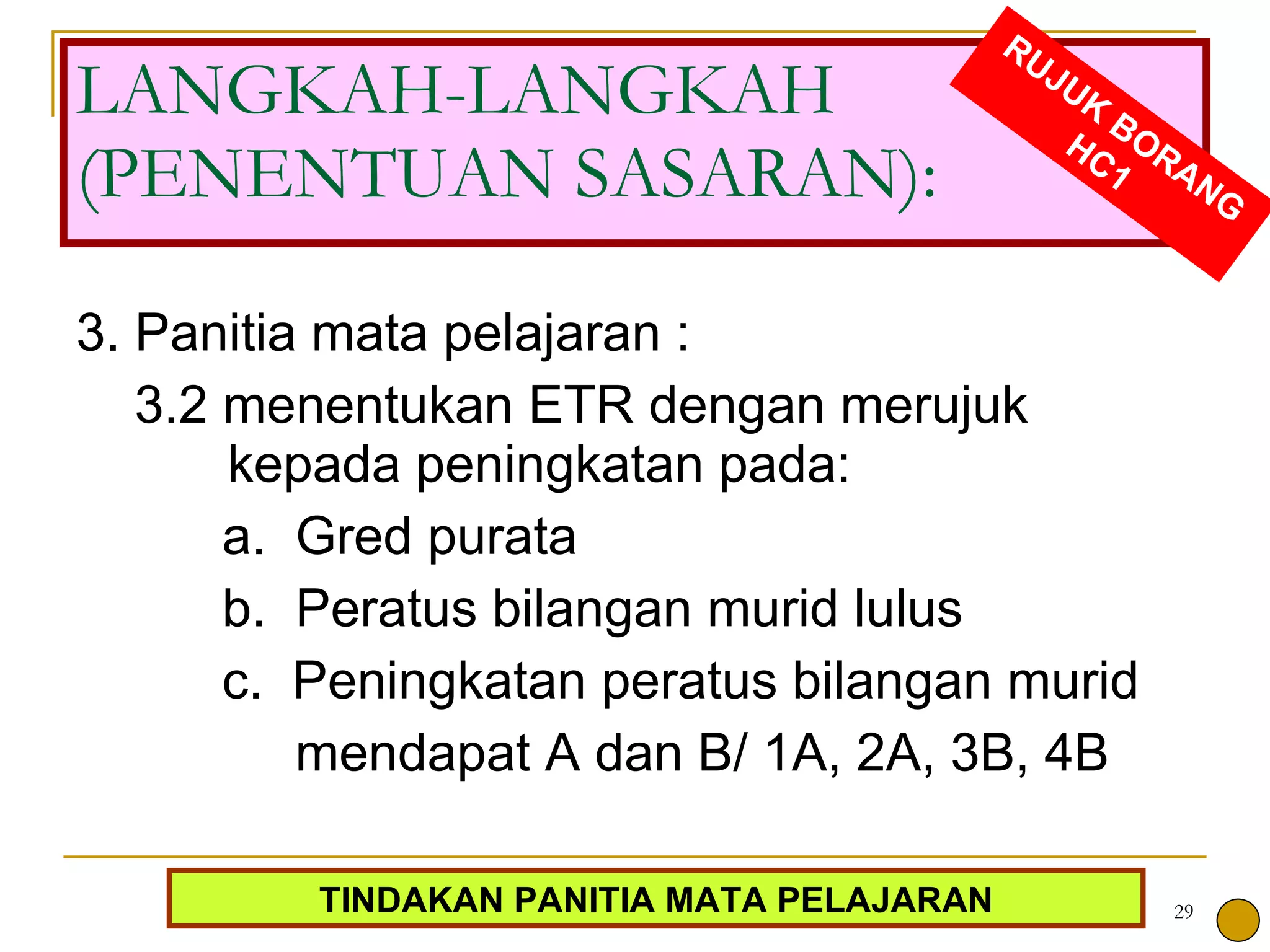 3. Panitia mata pelajaran : 3.2 menentukan ETR dengan merujuk kepada peningkatan pada:  a.  Gred purata b.  Peratus bilangan murid lulus c.  Peningkatan peratus bilangan murid  mendapat A dan B/ 1A, 2A, 3B, 4B  LANGKAH-LANGKAH (PENENTUAN SASARAN): RUJUK BORANG HC1 TINDAKAN PANITIA MATA PELAJARAN 