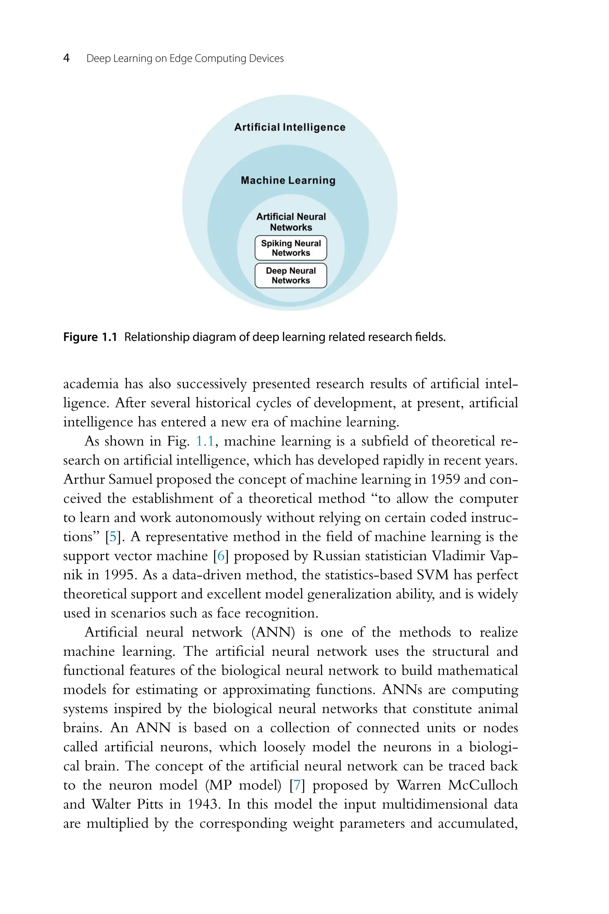 4 Deep Learning on Edge Computing Devices Figure 1.1 Relationship diagram of deep learning related research ﬁelds. academia has also successively presented research results of artificial intel- ligence. After several historical cycles of development, at present, artificial intelligence has entered a new era of machine learning. As shown in Fig. 1.1, machine learning is a subfield of theoretical re- search on artificial intelligence, which has developed rapidly in recent years. Arthur Samuel proposed the concept of machine learning in 1959 and con- ceived the establishment of a theoretical method “to allow the computer to learn and work autonomously without relying on certain coded instruc- tions” [5]. A representative method in the field of machine learning is the support vector machine [6] proposed by Russian statistician Vladimir Vap- nik in 1995. As a data-driven method, the statistics-based SVM has perfect theoretical support and excellent model generalization ability, and is widely used in scenarios such as face recognition. Artificial neural network (ANN) is one of the methods to realize machine learning. The artificial neural network uses the structural and functional features of the biological neural network to build mathematical models for estimating or approximating functions. ANNs are computing systems inspired by the biological neural networks that constitute animal brains. An ANN is based on a collection of connected units or nodes called artificial neurons, which loosely model the neurons in a biologi- cal brain. The concept of the artificial neural network can be traced back to the neuron model (MP model) [7] proposed by Warren McCulloch and Walter Pitts in 1943. In this model the input multidimensional data are multiplied by the corresponding weight parameters and accumulated, 