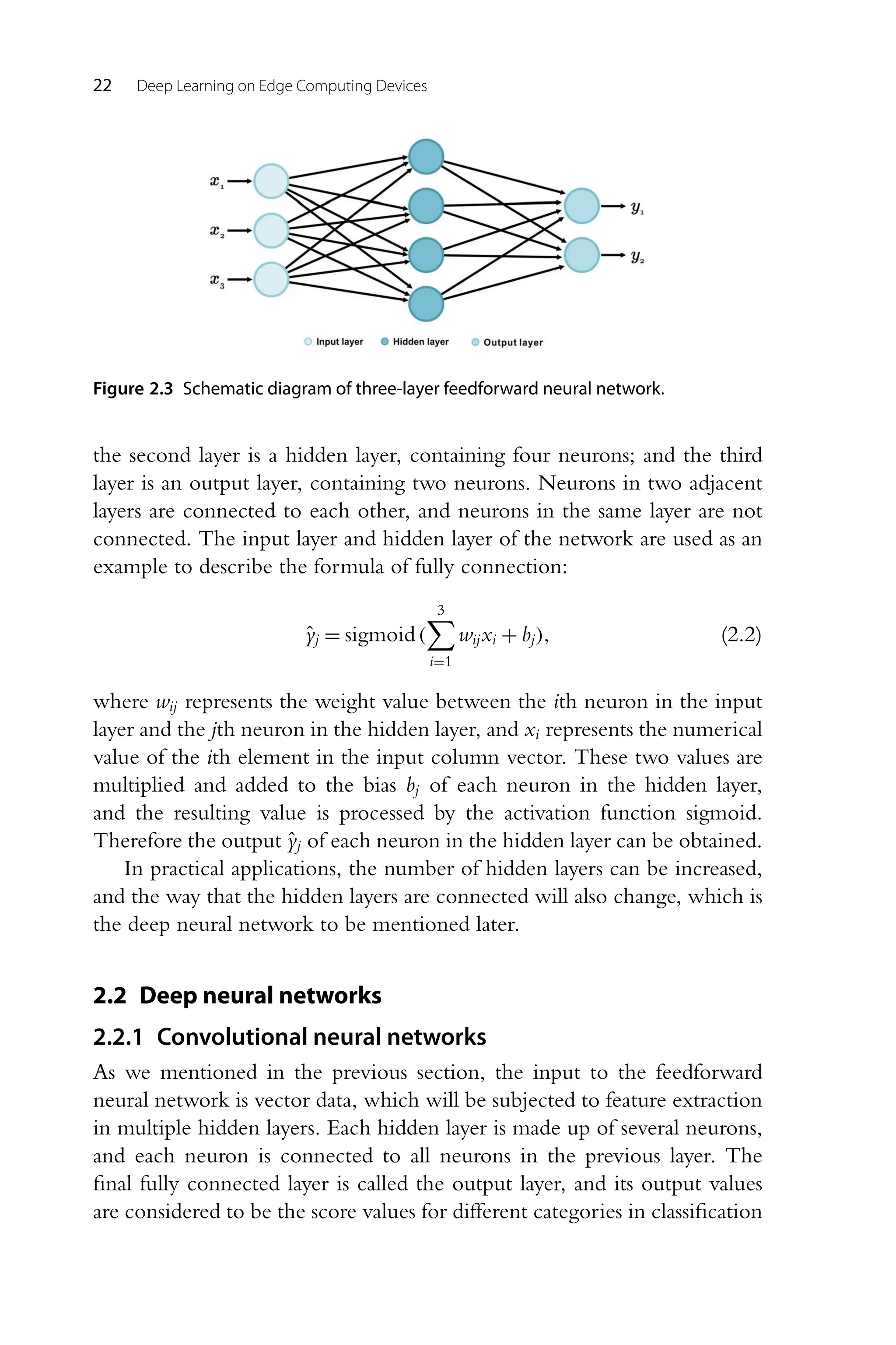 22 Deep Learning on Edge Computing Devices Figure 2.3 Schematic diagram of three-layer feedforward neural network. the second layer is a hidden layer, containing four neurons; and the third layer is an output layer, containing two neurons. Neurons in two adjacent layers are connected to each other, and neurons in the same layer are not connected. The input layer and hidden layer of the network are used as an example to describe the formula of fully connection: ŷj = sigmoid( 3 i=1 wijxi + bj), (2.2) where wij represents the weight value between the ith neuron in the input layer and the jth neuron in the hidden layer, and xi represents the numerical value of the ith element in the input column vector. These two values are multiplied and added to the bias bj of each neuron in the hidden layer, and the resulting value is processed by the activation function sigmoid. Therefore the output ŷj of each neuron in the hidden layer can be obtained. In practical applications, the number of hidden layers can be increased, and the way that the hidden layers are connected will also change, which is the deep neural network to be mentioned later. 2.2 Deep neural networks 2.2.1 Convolutional neural networks As we mentioned in the previous section, the input to the feedforward neural network is vector data, which will be subjected to feature extraction in multiple hidden layers. Each hidden layer is made up of several neurons, and each neuron is connected to all neurons in the previous layer. The final fully connected layer is called the output layer, and its output values are considered to be the score values for different categories in classification 
