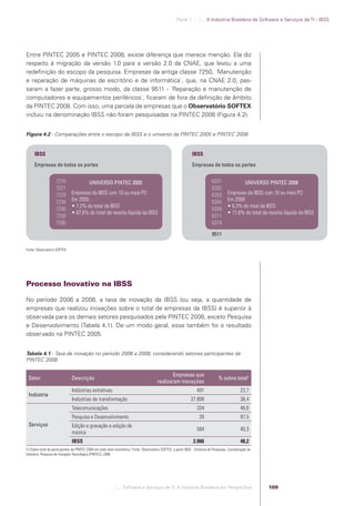 Parte 1 .:..:::.. A Indústria Brasileira de Software e Serviços de TI - IBSS




            Entre PINTEC 2005 e PINTEC 2008, existe diferença que merece menção. Ela diz
            respeito à migração da versão 1.0 para a versão 2.0 da CNAE, que levou a uma
            redeﬁnição do escopo da pesquisa. Empresas da antiga classe 7250, ´Manutenção
            e reparação de máquinas de escritório e de informática`, que, na CNAE 2.0, pas-
            saram a fazer parte, grosso modo, da classe 9511 - ´Reparação e manutenção de
            computadores e equipamentos periféricos`, ﬁcaram de fora da deﬁnição de âmbito
            da PINTEC 2008. Com isso, uma parcela de empresas que o Observatório SOFTEX
            incluiu na denominação IBSS não foram pesquisadas na PINTEC 2008 (Figura 4.2).


            Figura 4.2 - Comparações entre o escopo da IBSS e o universo da PINTEC 2005 e PINTEC 2008


                 IBSS                                                                                                         IBSS
                 Empresas de todos os portes                                                                                  Empresas de todos os portes

                                7210                   UNIVERSO PINTEC 2005                                                                 6201                   UNIVERSO PINTEC 2008
                                7221                                                                                                        6202
                                7229       Empresas da IBSS com 10 ou mais PO                                                               6203       Empresas da IBSS com 10 ou mais PO
                                7230       Em 2005:                                                                                         6204       Em 2008:
                                           • 7,2% do total da IBSS                                                                                     • 6,3% do total da IBSS
                                7240                                                                                                        6209
                                           • 87,6% do total da receita líquida da IBSS                                                                 • 77,6% do total da receita líquida da IBSS
                                7250                                                                                                        6311
                                7290                                                                                                        6319

                                                                                                                                            9511

            Fonte: Observatório SOFTEX




            Processo Inovativo na IBSS

            No período 2006 a 2008, a taxa de inovação da IBSS (ou seja, a quantidade de
            empresas que realizou inovações sobre o total de empresas da IBSS) é superior à
            observada para os demais setores pesquisados pela PINTEC 2008, exceto Pesquisa
            e Desenvolvimento (Tabela 4.1). De um modo geral, esse também foi o resultado
            observado na PINTEC 2005.


            Tabela 4.1 - Taxa de inovação no período 2006 a 2008, considerando setores participantes da
            PINTEC 2008

                                                                                                              Empresas que
             Setor                         Descrição                                                                                            % sobre total1
                                                                                                      realizaram inovações
                                           Indústrias extrativas                                                                 491                           23,7
             Indústria
                                           Indústrias de transformação                                                       37.808                            38,4
                                           Telecomunicações                                                                      334                           46,6
                                           Pesquisa e Desenvolvimento                                                              39                          97,5
             Serviços                      Edição e gravação e edição de
                                                                                                                                 584                           40,3
                                           música
                                           IBSS                                                                                2.006                           48,2
            (1) Sobre total de participantes da PINTEC 2008 em cada setor econômico. Fonte: Observatório SOFTEX, a partir IBGE - Diretoria de Pesquisas, Coordenação de
            Indústria, Pesquisa de Inovação Tecnológica (PINTEC), 2008.




                                                                        .::..: Software e Serviços de TI: A Indústria Brasileira em Perspectiva                            109




Software e Servicos de TI 2012.indb 109                                                                                                                                                              22/05/2012 16:36:46
 