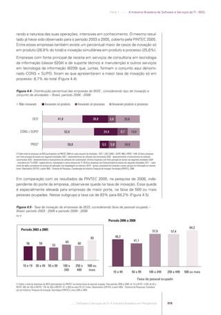 Parte 1 .:..:::.. A Indústria Brasileira de Software e Serviços de TI - IBSS




            rando a natureza das suas operações, intensivas em conhecimento. O mesmo resul-
            tado já havia sido observado para o período 2003 a 2005, coberto pela PINTEC 2005.
            Entre essas empresas também existe um percentual maior de casos de inovação só
            em produto (26,8% do total) e inovação simultânea em produto e processo (25,6%).
            Empresas com fonte principal de receita em serviços de consultoria em tecnologia
            da informação (classe 6204) e de suporte técnico e manutenção e outros serviços
            em tecnologia da informação (6209) que, juntas, formam o conjunto aqui denomi-
            nado CONS + SUPO, foram as que apresentaram a maior taxa de inovação só em
            processo: 8,7% do total (Figura 4.4).


            Figura 4.4 - Distribuição percentual das empresas da IBSS1, considerando tipo de inovação e
            conjunto de atividades – Brasil, período 2006 - 2008

               Não inovaram                    Inovaram só produto                     Inovaram só processo                       Inovaram produto e processo



                                DES2                           41,8                                       26,8                 5,8               25,6


                CONS + SUPO3                                           53,9                                            24,4                  8,7         13,0


                             PROC4                                         59,8                                      9,5        5,8              24,9

            (1) Sobre total de empresas da IBSS participantes da PINTEC 2008 em cada conjunto de atividades - DES: 1.526; CONS + SUPO: 988; e PROC: 1.646. (2) Inclui empresas
            com fonte principal de receita nas seguintes atividades: 6201 - desenvolvimento de software sob encomenda; 6202 - desenvolvimento e licenciamento de software
            customizável; 6203 - desenvolvimento e licenciamento de software não customizável. (3) Inclui empresas com fonte principal de receita nas seguintes atividades: 6204
            - consultoria em TI e 6209 - suporte técnico, manutenção e outros serviços em TI. (4) Inclui empresas com fonte principal de receita nas seguintes atividades: 6311 – trata-
            mento de dados, provedores de serviços de aplicação e de hospedagem na internet e 6319 – portais, provedores de conteúdo e outros serviços de informação na internet.
            Fonte: Observatório SOFTEX, a partir IBGE - Diretoria de Pesquisas, Coordenação de Indústria, Pesquisa de Inovação Tecnológica (PINTEC), 2008.



            Em comparação com os resultados da PINTEC 2005, na pesquisa de 2008, inde-
            pendente do porte da empresa, observa-se queda na taxa de inovação. Essa queda
            é especialmente elevada para empresas de maior porte, na faixa de 500 ou mais
            pessoas ocupadas. Nesse subgrupo a taxa cai de 83% para 64,2% (Figura 4.5).


            Figura 4.5 - Taxa de inovação de empresas da IBSS, considerando faixa de pessoal ocupado –
            Brasil, período 2003 - 2005 e período 2006 - 2008
            Em %1

                                                                                                                             Período 2006 a 2008

                                                                                                                                                                                                          64,2
                  Período 2003 a 2005                                                                                                                                              57,9      57,4
                                                                                                       83                             48,2
                                                                        65                                                                                  41,1
                        56              59              53                             60




                    10 a 19         20 a 49 50 a 99                  100 a           250 a         500 ou
                                                                      249             499           mais
                                                                                                                                   10 a 49                50 a 99              100 a 249   250 a 499   500 ou mais

                                                                                                                                                                 Faixa de pessoal ocupado
            (1) Sobre o total de empresas da IBSS participantes da PINTEC na mesma faixa de pessoal ocupado. Para período 2006 a 2008: de 10 a 49 PO: 3.430; de 50 a
            99 PO: 438; de 100 a 249 PO: 178; de 250 a 499 PO: 47; e 500 ou mais PO: 67. Fonte: Observatório SOFTEX, a partir IBGE - Diretoria de Pesquisas, Coordena-
            ção de Indústria, Pesquisa de Inovação Tecnológica (PINTEC), anos 2005 e 2008.




                                                                               .::..: Software e Serviços de TI: A Indústria Brasileira em Perspectiva                                     111




Software e Servicos de TI 2012.indb 111                                                                                                                                                                          22/05/2012 16:36:46
 