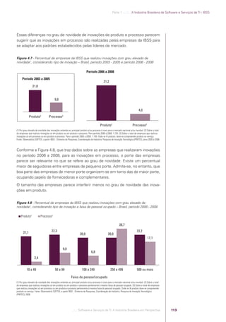 Parte 1 .:..:::.. A Indústria Brasileira de Software e Serviços de TI - IBSS




            Essas diferenças no grau de novidade de inovações de produto e processo parecem
            sugerir que as inovações em processo são realizadas pelas empresas da IBSS para
            se adaptar aos padrões estabelecidos pelas líderes de mercado.


            Figura 4.7 - Percentual de empresas da IBSS que realizou inovações com grau elevado de
            novidade1, considerando tipo de inovação – Brasil, período 2003 - 2005 e período 2006 - 2008

                                                                                       Período 2006 a 2008

                  Período 2003 a 2005
                                                                                                         21,2
                            21,0


                                                    9,0


                                                                                                                                               4,0
                          Produto2            Processo3

                                                                                                     Produto2                           Processo3
            (1) Por grau elevado de novidade das inovações entende-se: principal produto e/ou processo é novo para o mercado nacional e/ou mundial. (2) Sobre o total
            de empresas que realizou inovações só em produto ou em produto e processo. Para período 2006 a 2008: 1.735. (3) Sobre o total de empresas que realizou
            inovações só em processo ou em produto e processo. Para o período 2006 a 2008: 1.199. Onde se lê produto, deve-se compreender produto ou serviço.
            Fonte: Observatório SOFTEX, a partir IBGE - Diretoria de Pesquisas, Coordenação de Indústria, Pesquisa de Inovação Tecnológica (PINTEC), anos 2005 e 2008.



            Conforme a Figura 4.8, que traz dados sobre as empresas que realizaram inovações
            no período 2006 a 2008, para as inovações em processo, o porte das empresas
            parece ser relevante no que se refere ao grau de novidade. Existe um percentual
            maior de seguidoras entre empresas de pequeno porte. Admite-se, no entanto, que
            boa parte das empresas de menor porte organizem-se em torno das de maior porte,
            ocupando papéis de fornecedoras e complementares.
            O tamanho das empresas parece interferir menos no grau de novidade das inova-
            ções em produto.


            Figura 4.8 - Percentual de empresas da IBSS que realizou inovações com grau elevado de
            novidade1, considerando tipo de inovação e faixa de pessoal ocupado – Brasil, período 2006 - 2008

                Produto2             Processo3

                                                                                                                          26,7

                   21,1                          22,3                                                                                        22,2
                                                                                20,0                          20,0
                                                                                                                                                        17,1


                                                             9,0
                                                                                            6,8
                               2,4


                      10 a 49                        50 a 99                      100 a 249                     250 a 499                    500 ou mais

                                                                      Faixa de pessoal ocupado
            (1) Por grau elevado de novidade das inovações entende-se: principal produto e/ou processo é novo para o mercado nacional e/ou mundial. (2) Sobre o total
            de empresas que realizou inovações só em produto ou em produto e processo pertencente à mesma faixa de pessoal ocupado. (3) Sobre o total de empresas
            que realizou inovações só em processo ou em produto e processo pertencente à mesma faixa de pessoal ocupado. Onde se lê produto deve-se compreender
            produto ou serviço. Fonte: Observatório SOFTEX, a partir IBGE - Diretoria de Pesquisas, Coordenação de Indústria, Pesquisa de Inovação Tecnológica
            (PINTEC), 2008.




                                                                        .::..: Software e Serviços de TI: A Indústria Brasileira em Perspectiva                          113




Software e Servicos de TI 2012.indb 113                                                                                                                                               22/05/2012 16:36:47
 
