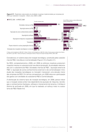 Parte 1 .:..:::.. A Indústria Brasileira de Software e Serviços de TI - IBSS




            Figura 4.11 - Dispêndios relacionados às atividades inovativas implementadas por empresas da
            IBSS que realizaram inovações – Brasil, anos 2005 e 2008

                PINTEC 20051             PINTEC 20082                                                                                                                            Em mil R$ por empresa, valores deﬂacionados
                                                                                     % sobre montante total                                                                      IGP-DI, ano-base 2010

                                                                                                                                                     39,3                                                             818,8
                                             Atividades internas de P&D                                                                                                                                                        1.007,2
                                                                                                                              24,9
                                                                                           2,3                                                                                                              620,8
                                               Aquisição externa de P&D
                                                                                          1,6                                                                                                     382,8
                                                                                                   7,2                                                                                          341,1
                     Aquisição de outros conhecimentos externos
                                                                                                  6,2                                                                                      190,4




                                                                                                                                                               Dispêndio médio
                                                                                                   7,1                                                                                    171,0
                                                    Aquisição de software                             9,3                                                                                 168,4
                                                                                                                         21,4                                                                   326,8
                            Aquisição de máquinas e equipamentos                                                                                                                                           565,2
                                                                                                                                                       40,7
                                                                                                          11,7                                                                                270,0
                                                                  Treinamento
                                                                                                  6,5                                                                                   111,9
                                                                                            2,9                                                                                          158,7
                 Projeto industrial e outras preparações técnicas
                                                                                                6,0                                                                                       191,4
                                                                                                   8,0                                                                                        297,4
             Introdução das inovações tecnológicas no mercado
                                                                                               4,8                                                                                     89,3
            (1) Sobre o total de dispêndios em 2005: R$ 2,1 bilhões. (2) Sobre o total de dispêndios em 2008: R$ 1,6 bilhão. Permite respostas múltiplas Fonte: Observa-
            tório SOFTEX, a partir IBGE - Diretoria de Pesquisas, Coordenação de Indústria, Pesquisa de Inovação Tecnológica (PINTEC), 2005 e 2008.



            Considere-se um sistema típico de inovação tecnológica, constituído pelos subsiste-
            mas de P&D, manufatura e comercialização (Figura 4.12 e Quadro 4.1).
            Na IBSS, comparativamente a 2005, em 2008 os esforços inovativos produziram
            impactos maiores no subsistema de manufatura (produção). As atividades relaciona-
            das com o subsistema de P&D (´atividades internas de P&D`, ´aquisição externa de
            P&D` e ´aquisição de outros conhecimentos externos`) e de comercialização (´intro-
            dução das inovações tecnológicas no mercado`) mereceram uma atenção menor
            das empresas da IBSS. Em termos comparativos, em 2008 reduz-se a participação
            dos gastos com atividades do subsistema P&D e Comercialização.
            A distribuição do sistema típico de inovação tecnológica, em 2008, parece indicar
            que a inovação esteve ainda mais dependente da aquisição de máquinas, tecnolo-
            gias e conhecimentos (hardware, software e treinamento) de terceiros. A ênfase é
            distinta da veriﬁcada em 2005, em que foi realizado um esforço maior no subsis-
            tema de P&D (Tabela 4.4).




                                                                         .::..: Software e Serviços de TI: A Indústria Brasileira em Perspectiva                                               117




Software e Servicos de TI 2012.indb 117                                                                                                                                                                                    22/05/2012 16:36:47
 