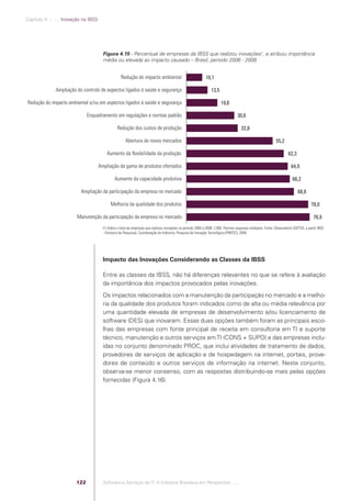 Capítulo 4 .:: .:.: Inovação na IBSS




                                                       Figura 4.15 - Percentual de empresas da IBSS que realizou inovações1, e atribuiu importância
                                                       média ou elevada ao impacto causado – Brasil, período 2006 - 2008


                                                                   Redução do impacto ambiental                               10,1

                               Ampliação do controle de aspectos ligados à saúde e segurança                                      13,5

             Redução do impacto ambiental e/ou em aspectos ligados à saúde e segurança                                                   19,8

                                                Enquadramento em regulações e normas padrão                                                         30,6

                                                                 Redução dos custos de produção                                                        32,8

                                                                      Abertura de novos mercados                                                                               55,2

                                                         Aumento da ﬂexibilidade da produção                                                                                            62,3

                                                     Ampliação da gama de produtos ofertados                                                                                              64,9

                                                               Aumento da capacidade produtiva                                                                                             66,2

                                           Ampliação da participação da empresa no mercado                                                                                                     68,8

                                                            Melhoria da qualidade dos produtos                                                                                                          78,0

                                          Manutenção da participação da empresa no mercado                                                                                                               78,9
                                                       (1) Sobre o total de empresas que realizou inovações no período 2006 a 2008: 2.006. Permite respostas múltiplas. Fonte: Observatório SOFTEX, a partir IBGE
                                                       - Diretoria de Pesquisas, Coordenação de Indústria, Pesquisa de Inovação Tecnológica (PINTEC), 2008.




                                                       Impacto das Inovações Considerando as Classes da IBSS

                                                       Entre as classes da IBSS, não há diferenças relevantes no que se refere à avaliação
                                                       da importância dos impactos provocados pelas inovações.
                                                       Os impactos relacionados com a manutenção da participação no mercado e a melho-
                                                       ria da qualidade dos produtos foram indicados como de alta ou média relevância por
                                                       uma quantidade elevada de empresas de desenvolvimento e/ou licenciamento de
                                                       software (DES) que inovaram. Essas duas opções também foram as principais esco-
                                                       lhas das empresas com fonte principal de receita em consultoria em TI e suporte
                                                       técnico, manutenção e outros serviços em TI (CONS + SUPO) e das empresas inclu-
                                                       ídas no conjunto denominado PROC, que inclui atividades de tratamento de dados,
                                                       provedores de serviços de aplicação e de hospedagem na internet, portais, prove-
                                                       dores de conteúdo e outros serviços de informação na internet. Neste conjunto,
                                                       observa-se menor consenso, com as respostas distribuindo-se mais pelas opções
                                                       fornecidas (Figura 4.16).




                                          122          Software e Serviços de TI: A Indústria Brasileira em Perspectiva :..::.




Software e Servicos de TI 2012.indb 122                                                                                                                                                                 22/05/2012 16:36:47
 