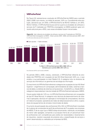 Capítulo 5 .:: .:.: Caracterização das Atividades de Software e Serviços de TI Realizadas na NIBSS




                                                       VRProfssTotal

                                                       Na Figura 5.6, apresenta-se a evolução do VRProfssTotal da NIBSS para o período
                                                       2003 a 2008, que cresceu, na média do período, 3,6% a.a. Considerando esta evo-
                                                       lução, calcula-se que, em 2010, o VRProfssTotal foi de R$ 40,7 bilhões e, em 2012,
                                                       R$ 43,7 bilhões. O VRProfssTotal busca estimar quanto as atividades de software e
                                                       serviços de TI realizadas por PROFSSs empregados na NIBSS poderiam gerar em
                                                       receita adicional para a IBSS, caso essas atividades fossem terceirizadas.


                                                       Figura 5.6 - Valor referente às atividades de software e serviços de TI realizadas por PROFSSs
                                                       (VRProfssTotal) empregados na NIBSS – Brasil, período 2003 - 2008, estimativa período 2009 - 2012
                                                       Em mil R$, valores deﬂacionados pelo IGP-DI, ano-base 2010


                                                          Dados apurados             Dados estimados
                                                                                                                                      40.734.714   42.201.164   43.720.406
                                                                                                                         39.319.222
                                                                                        37.869.818          37.952.917
                                                   35.755.729       34.554.262
                                    33.779.243
                 31.762.158




                    2003                  2004       2005               2006                2007               2008        2009         2010         2011         2012
                                                                                        Tx. Méd. Cr. VRProfssTotal (período 2003 a 2008): 3,6% a.a.
                                                                                             Estimativa para o período 2009 a 2012: 3,6% a.a.
                                                       Fonte: Observatório SOFTEX, a partir de dados da RAIS/MTE.



                                                       No período 2003 a 2008, cresceu, sobretudo, o VRProfssTotal referente às ativi-
                                                       dades dos PROFSSs com ocupação do tipo NG (Nível Gerencial): 6,8% a.a., o que
                                                       ampliou a sua participação no total (Tabela 5.3). A categoria inclui os diretores de
                                                       serviços de informática e os gerentes de tecnologia da informação.
                                                       O crescimento do VRProfssTotal referente à categoria de ocupações do tipo NS (Nível
                                                       Superior) – engenheiros em computação; administradores de redes, sistemas e ban-
                                                       cos de dados; e analistas de sistemas computacionais – foi de 6,6% a.a. Desde 2007 a
                                                                                                                                         ,
                                                       categoria é responsável por mais da metade do VRProfssTotal estimado para a NIBSS.
                                                       Houve queda média de 1,0% a.a. no VRProfssTotal de proﬁssionais com ocupações
                                                       do tipo NT (Nível Técnico). A categoria inclui técnicos de desenvolvimento de siste-
                                                       mas e aplicações; técnicos em operação e monitoração de computadores; técnicos
                                                       em telecomunicações; operadores de redes de teleprocessamento e aﬁns; e opera-
                                                       dores de equipamentos de entrada e transmissão de dados.
                                                       O aumento da participação dos proﬁssionais NS e NG no VRProfssTotal é resultado
                                                       da mudança de composição do perﬁl de proﬁssionais de TI ocupados nas empresas
                                                       da NIBSS. É de se supor que a NIBSS esteja terceirizando, sobretudo, as atividades
                                                       de menor valor agregado, compondo a sua equipe interna de um percentual maior
                                                       de proﬁssionais com competências para análise de necessidades e levantamento
                                                       de requisitos, visando à aquisição de produtos e/ou a especiﬁcação de serviços a
                                                       serem desenvolvidos ou realizados por empresas da IBSS.


                                             142       Software e Serviços de TI: A Indústria Brasileira em Perspectiva :..::.




Software e Servicos de TI 2012.indb 142                                                                                                                              22/05/2012 16:36:49
 