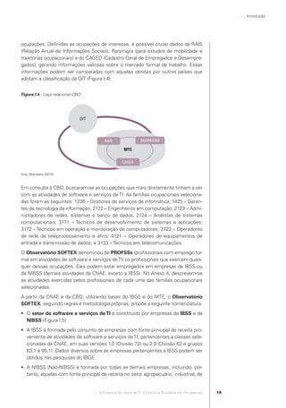 .:..:::.. Introdução




            ocupações. Deﬁnidas as ocupações de interesse, é possível cruzar dados da RAIS
            (Relação Anual de Informações Sociais), Raismigra (para estudos de mobilidade e
            trajetórias ocupacionais) e do CAGED (Cadastro Geral de Empregados e Desempre-
            gados), gerando informações valiosas sobre o mercado formal de trabalho. Essas
            informações podem ser comparadas com aquelas obtidas por outros países que
            adotam a classiﬁcação da OIT (Figura I.4).


            Figura I.4 - Laço relacional CBO




                                           OIT



                                                         RAIS                   RAISMIGRA

                                                                     MTE

                                                                    CAGED


            Fonte: Observatório SOFTEX.



            Em consulta à CBO, buscaram-se as ocupações que mais diretamente tinham a ver
            com as atividades de software e serviços de TI. As famílias ocupacionais seleciona-
            das foram as seguintes: 1236 – Diretores de serviços de informática; 1425 – Geren-
            tes de tecnologia da informação; 2122 – Engenheiros em computação; 2123 – Admi-
            nistradores de redes, sistemas e banco de dados; 2124 – Analistas de sistemas
            computacionais; 3171 – Técnicos de desenvolvimento de sistemas e aplicações;
            3172 – Técnicos em operação e monitoração de computadores; 3722 – Operadores
            de rede de teleprocessamento e aﬁns; 4121 – Operadores de equipamentos de
            entrada e transmissão de dados; e 3133 – Técnicos em telecomunicações.
            O Observatório SOFTEX denominou de PROFSSs (proﬁssionais com emprego for-
            mal em atividades de software e serviços de TI) os proﬁssionais que exercem quais-
            quer dessas ocupações. Eles podem estar empregados em empresas da IBSS ou
            da NIBSS (demais atividades da CNAE, exceto a IBSS). No Anexo 4, descrevem-se
            as atividades exercidas pelos proﬁssionais de cada uma das famílias ocupacionais
            selecionadas.
            A partir da CNAE e da CBO, utilizando bases do IBGE e do MTE, o Observatório
            SOFTEX, seguindo regras e metodologia próprias, propõe a seguinte nomenclatura:
             O setor de software e serviços de TI é constituído por empresas da IBSS e da
              NIBSS (Figura I.5).
             A IBSS é formada pelo conjunto de empresas com fonte principal de receita pro-
              veniente de atividades de software e serviços de TI, pertencentes a classes sele-
              cionadas da CNAE, em suas versões 1.0 (Divisão 72) ou 2.0 (Divisão 62 e grupos
              63.1 e 95.1). Dados diversos sobre as empresas pertencentes à IBSS podem ser
              obtidos nas pesquisas do IBGE.
             A NIBSS (Não-NIBSS) é formada por todas as demais empresas, incluindo, por-
              tanto, aquelas com fonte principal de receita no setor agropecuário, industrial, de


                                                 .::..: Software e Serviços de TI: A Indústria Brasileira em Perspectiva   19




Software e Servicos de TI 2012.indb 19                                                                                                      22/05/2012 16:36:40
 