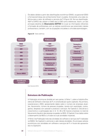 Os dados obtidos a partir das classiﬁcações econômica (CNAE), ocupacional (CBO)
                                                     e formacional (áreas de conhecimento) foram cruzados, fornecendo uma visão sis-
                                                     têmica para o setor de software e serviços de TI (Figura I.8). Na sua classiﬁcação,
                                                     INEP e CAPES não utilizam a CNAE e/ou a CBO como referências. Assim, um dos
                                                     principais desaﬁos do Observatório SOFTEX foi cruzar as informações referentes
                                                     à formação de proﬁssionais com os setores econômicos que prescindem destes
                                                     proﬁssionais e, também, com as ocupações vinculadas a uma dada aprendizagem.


                                                     Figura I.8 - Visão sistêmica



                                         Indústria                                    Proﬁssionais                              Academia

                                          CNAE                                              CBO                                 Formação e
                                                                                                                                capacitação
                                           6201                                    Diretores de serviços
                                                                                      de informática
                                                                                                                                 Ciência da
                                           6202                                                                                 computação
                                                                                        Gerentes TI
                                           6203
                                                                                    Analistas de siste-                        Processamento
                                           6204                                    mas computacionais                          da Informação

                                           6209                                       Engenheiros em
                                                                                        computação                              Informática
                                           63.1
                                                                                     Administradores
                                           95.1
                                                                                   redes, sistemas e BD
                                                                                                                                  Outros
                                   Setores NIBSS                                           Outros



                                   Classiﬁcação                                       Classiﬁcação                              Classiﬁcação
                                    econômica                                         ocupacional                                formacional
                                                     Fonte: Observatório SOFTEX.




                                                     Estrutura da Publicação

                                                     A Publicação encontra-se dividida em seis partes. A Parte 1, sobre a Indústria Bra-
                                                     sileira de Software e Serviços de TI, é constituída por quatro capítulos. No primeiro,
                                                     caracteriza-se a IBSS, apresentando dados sobre o número de empresas atuan-
                                                     tes, faturamento, número de pessoas ocupadas, receita com exportação, custos,
                                                     gastos, despesas com pessoal e produtos e serviços. No Capítulo 2, discute-se o
                                                     crescimento e a participação das 4, 8, 12, 30 e 50 maiores empresas no total do
                                                     faturamento líquido e das pessoas ocupadas na IBSS. O Capítulo 3 traz dados sobre
                                                     o desempenho da IBSS e o 4 sobre as suas atividades inovativas.
                                                     A Parte 2 da Publicação trata das atividades de software e serviços de TI realizadas
                                                     na NIBSS. No Capítulo 5, estima-se o valor destas atividades. Os principais setores
                                                     econômicos com atividades em software e serviços de TI in house são apresenta-
                                                     dos no Capítulo 6.


                                              22     Software e Serviços de TI: A Indústria Brasileira em Perspectiva :..::.




Software e Servicos de TI 2012.indb 22                                                                                                         22/05/2012 16:36:40
 