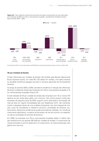 Parte 1 .:..:::.. A Indústria Brasileira de Software e Serviços de TI - IBSS




            Figura 3.5 - Taxa média de crescimento anual dos principais componentes do valor adicionado
            em empresas da IBSS com 20 ou mais pessoas ocupadas, considerando atividade principal –
            Brasil, período 2007 - 2009

                                                                                                     Receitas         Insumos

                                                                                                                                                                 64,8% 64,8%




                                                                                                       33,7%
                                                                                                                  27,7%

                                                16,0%
                                                           10,7%




                    -4,0% -3,3%                                                                                                                                                    -2,2%
                                                                            -5,0%                                                                                                          -6,3%
                                                                                       -8,0%                                       -8,3%
                                                                                                                                              -15,5%
                          6201                   6202 + 6203                      6204                        6209                        6311                      6319              9511
                        Sw sob                  Sw customizável               Consultoria TI            Suporte técnico          Tratamento dados e               Portais e         Reparação
                       encomenda               e não customizável                                                                serviços de aplicação       provedores conteúdo   computadores


            Fonte: Observatório SOFTEX, a partir de tabelas especiais da PAS/IBGE/Diretoria de Pesquisas/Coordenação de Serviços e Comércio, anos 2007 a 2009.




            VA por Unidade de Vendas

            O Valor Adicionado por Unidade de Vendas (VA dividido pela Receita Operacional
            Bruta) expressa quanto, em cada R$ 1,00 obtido em vendas, uma dada empresa
            ou atividade econômica agregou aos bens e serviços adquiridos de fornecedores/
            terceiros.
            Ao longo do período 2003 a 2009, percebe-se tendência à redução das diferenças
            de VA por unidade de vendas das empresas com 20 ou mais pessoas ocupadas e 19
            ou menos pessoas ocupadas (Figura 3.6).
            O valor elevado do VA por unidade de vendas das empresas com 19 ou menos PO
            deve-se ao seu ainda baixo gasto com insumos. Isso ocorre porque muitas das
            empresas de pequeno porte da IBSS surgiram como alternativa à contratação de
            mão de obra em regime Consolidação das Leis Trabalhistas (CLT), não mantendo
            custos e despesas típicas de uma unidade empresarial, tais como aluguel de imó-
            veis, custo de mercadorias e material e consumo, contratação de terceiros, etc.
            No entanto, observa-se tendência de queda acentuada do indicador, em virtude do
            crescimento signiﬁcativo, e superior ao da receita, do uso de insumos, em especial,
            na rubrica contratação de serviços de terceiros.
            Em 2009, as empresas com 20 ou mais pessoas ocupadas obtêm a melhor rela-
            ção receita-insumo do período (R$ 0,60 por unidade de vendas). O crescimento da
            receita veriﬁcado no ano foi obtido sem um crescimento, na mesma proporção, dos
            gastos com insumos.




                                                                      .::..: Software e Serviços de TI: A Indústria Brasileira em Perspectiva                              87




Software e Servicos de TI 2012.indb 87                                                                                                                                                            22/05/2012 16:36:45
 