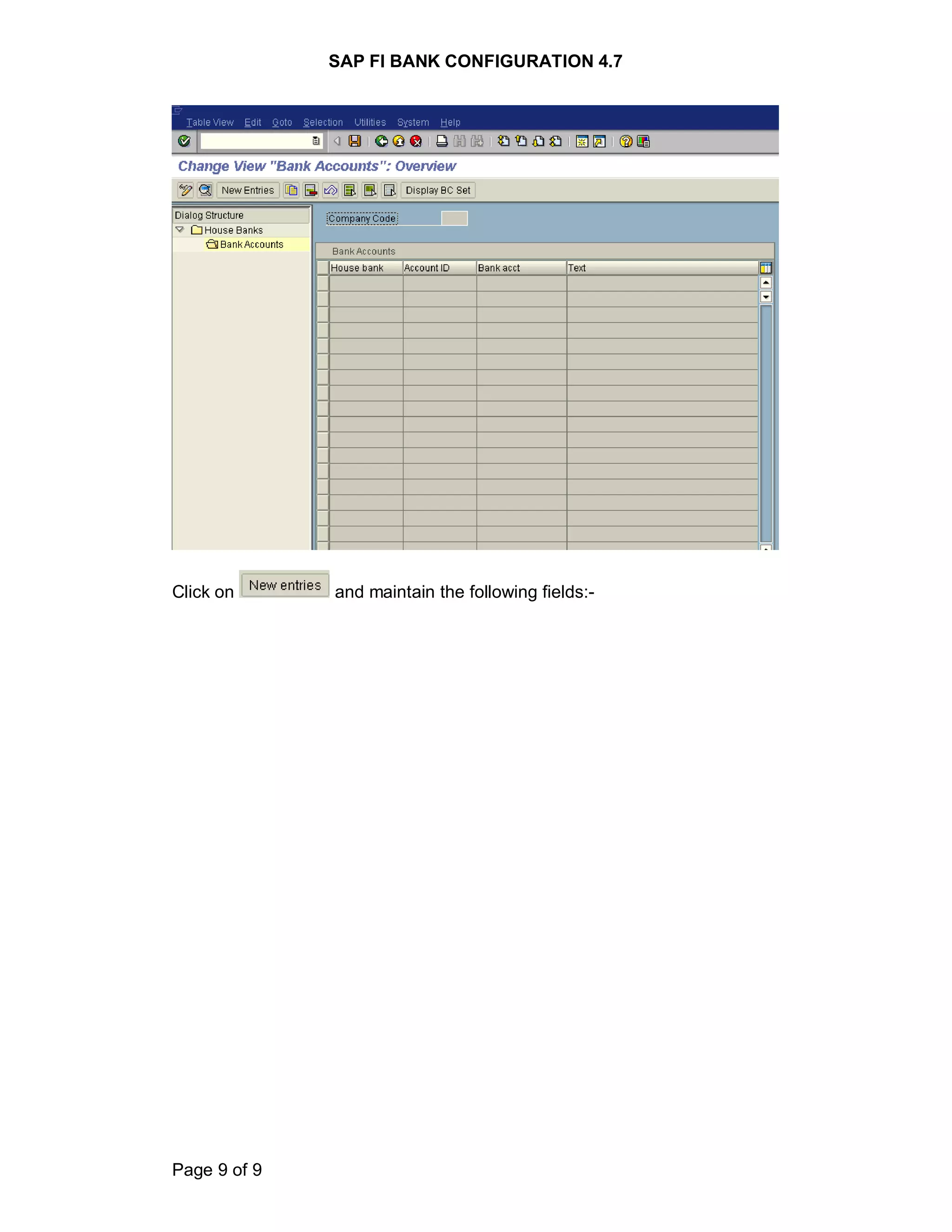 SAP FI BANK CONFIGURATION 4.7
Page 9 of 9
Click on and maintain the following fields:-
 