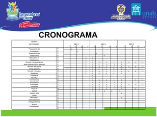 CRONOGRAMA TIEMPO/   MES 1 MES 2 MES 3 ACTIVIDADES       1 2 3 4 1 2 3 4 1 2 3 4 Presentación de P   x                     la propuesta E     x                   Presentación de P           x             anteproyecto E               x           Adecuación de P       x x               instalaciones E       x x               Revisión y limpieza de las P       x x x x x x x x x áreas externas de los galpones E       x x x    x   x   x       Revisión del interior P       x x x x x x x x x de los galpones E       x x x  x  x  x        Revisión y limpieza  P       x x x x x x x x x del equipo E       x x   x x  x  x        Llegada de P         x               los pollos E         x               Suministro de P         x x x x x x x alimentación E         x   x   x   x x       Actividades  P         x x x x x x x x cotidianas E         x x   x   x x        Toma de P         x x x x x x x registro E         x x   x   x   x       Registro talla P                 x       y peso E                         Mercadeo y P                 x       comercialización E                         Entrega informes P                     x     avance E                         Conclusiones  P                           E                         