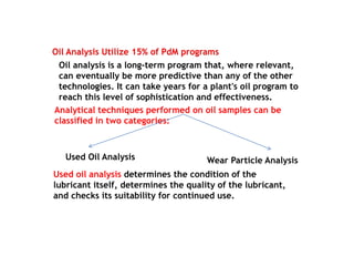 Oil Analysis Utilize 15% of PdM programs
Oil analysis is a long-term program that, where relevant,
can eventually be more ...