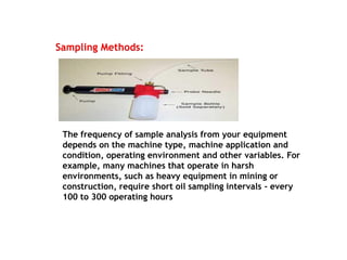 Sampling Methods:
The frequency of sample analysis from your equipment
depends on the machine type, machine application an...
