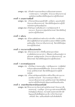 มาตรฐาน ว3.2 เข้าใจหลักการและธรรมชาติของการเปลี่ยนแปลงสถานะของสาร
การเกิดสารละลาย การเกิดปฏิกิริยา มีกระบวนการสืบเสาะหาความรู้
และจิตวิทยาศาสตร์สื่อสารสิ่งที่เรียนรู้และนําความรู้ไปใช้ประโยชน์

สาระที่ 4 แรงและการเคลื่อนที่
มาตรฐาน ว4.1 เข้าใจธรรมชาติของแรงแม่เหล็กไฟฟ้า แรงโน้มถ่วง และแรงนิวเคลียร์
มีกระบวนการสืบเสาะหาความรู้ สื่อสารสิ่งที่เรียนรู้และนําความรู้ไปใช้
ประโยชน์อย่างถูกต้องและมีคุณธรรม
มาตรฐาน ว4.2 เข้าใจลักษณะการเคลื่อนที่แบบต่าง ๆ ของวัตถุในธรรมชาติ มี
กระบวนการ สืบเสาะหาความรู้และจิตวิทยาศาสตร์ สื่อสารสิ่งที่เรียนรู้
และนําความรู้ไปใช้ประโยชน์

สาระที่ 5 พลังงาน
มาตรฐาน ว5.1 เข้าใจความสัมพันธ์ระหว่างพลังงานกับการดํารงชีวิต การเปลี่ยนแปลง
พลังงานปฏิสัมพันธ์ระหว่างสารและพลังงาน ผลของการใช้พลังงานต่อชีวิต
และสิ่งแวดล้อม มีกระบวนการสืบเสาะหาความรู้ สื่อสารสิ่งที่เรียนรู้และ
นําความรู้ไปใช้ประโยชน์

สาระที่ 6 กระบวนการเปลี่ยนแปลงของโลก
มาตรฐาน ว6.1 เข้าใจกระบวนการต่าง ๆ ที่เกิดขึ้นบนผิวโลกและภายในโลก
ความสัมพันธ์ของกระบวนการต่าง ๆ ที่มีผลต่อการเปลี่ยนแปลงภูมิอากาศ
ภูมิประเทศ และสัณฐานของโลก มีกระบวนการสืบเสาะหาความรู้ และ
จิตวิทยาศาสตร์ สื่อสารสิ่งที่เรียนรู้และนําความรู้ไปใช้ประโยชน์

สาระที่ 7 ดาราศาสตร์และอวกาศ
มาตรฐาน ว7.1 เข้าใจวิวัฒนาการของระบบสุริยะ กาแล็กซีและเอกภพ การปฏิสัมพันธ์
ภายในระบบสุริยะและผลต่อสิ่งมีชีวิตบนโลก มีกระบวนการสืบเสาะหา
ความรู้ และจิตวิทยาศาสตร์ สื่อสารสิ่งที่เรียนรู้และนําความรู้ไปใช้
ประโยชน์
มาตรฐาน ว7.2 เข้าใจความสําคัญของเทคโนโลยีอวกาศที่นํามาใช้ในการสํารวจอวกาศ
และทรัพยากรธรรมชาติ ด้านการเกษตรและการสื่อสาร มี
กระบวนการสืบเสาะหาความรู้ และจิตวิทยาศาสตร์ สื่อสารสิ่งที่เรียนรู้
และนําความรู้ไปใช้ประโยชน์อย่างมีคุณธรรมต่อชีวิตและสิ่งแวดล้อม

สาระที่ 8 ธรรมชาติของวิทยาศาสตร์และเทคโนโลยี
มาตรฐาน ว8.1 ใช้กระบวนการทางวิทยาศาสตร์ และจิตวิทยาศาสตร์ มีกระบวนการสืบ
เสาะหาความรู้ การแก้ปัญหา รู้ว่าปรากฏการณ์ทางธรรมชาติที่เกิดขึ้น
ส่วนใหญ่มีรูปแบบที่แน่นอน สามารถอธิบายและตรวจสอบได้ภายใต้
ข้อมูลและเครื่องมือที่มีอยู่ในช่วงเวลานั้น ๆ เข้าใจว่าวิทยาศาสตร์
เทคโนโลยี สังคม และสิ่งแวดล้อมมีความเกี่ยวข้องสัมพันธ์กัน

 