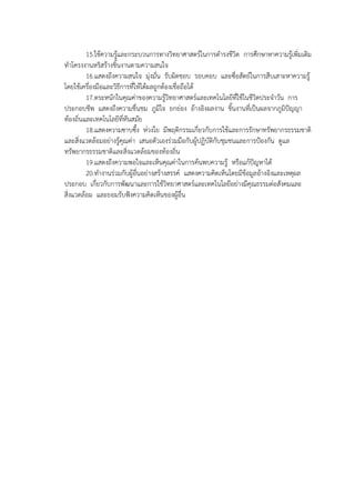15.ใช้ความรู้และกระบวนการทางวิทยาศาสตร์ในการดํารงชีวิต การศึกษาหาความรู้เพิ่มเติม
ทําโครงงานหริสร้างชิ้นงานตามความสนใจ
16.แสดงถึงความสนใจ มุ่งมั่น รับผิดชอบ รอบคอบ และซื่อสัตย์ในการสืบเสาะหาความรู้
โดยใช้เครื่องมือและวิธีการที่ให้ได้ผลถูกต้องเชื่อถือได้
17.ตระหนักในคุณค่าของความรู้วิทยาศาสตร์และเทคโนโลยีที่ใช้ในชีวิตประจําวัน การ
ประกอบชีพ แสดงถึงความชื่นชม ภูมิใจ ยกย่อง อ้างอิงผลงาน ชิ้นงานที่เป็นผลจากภูมิปัญญา
ท้องถิ่นและเทคโนโลยีที่ทันสมัย
18.แสดงความซาบซึ้ง ห่วงใย มีพฤติกรรมเกี่ยวกับการใช้และการรักษาทรัพยากรธรรมชาติ
และสิ่งแวดล้อมอย่างรู้คุณค่า เสนอตัวเองร่วมมือกับผู้ปฏิบัติกับชุมชนและการป้องกัน ดูแล
ทรัพยากรธรรมชาติและสิ่งแวดล้อมของท้องถิ่น
19.แสดงถึงความพอใจและเห็นคุณค่าในการค้นพบความรู้ หรือแก้ปัญหาได้
20.ทํางานร่วมกับผู้อื่นอย่างสร้างสรรค์ แสดงความคิดเห็นโดยมีข้อมูลอ้างอิงและเหตุผล
ประกอบ เกี่ยวกับการพัฒนาและการใช้วิทยาศาสตร์และเทคโนโลยีอย่างมีคุณธรรมต่อสังคมและ
สิ่งแวดล้อม และยอมรับฟังความคิดเห็นของผู้อื่น

 