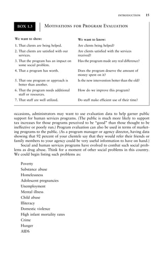 occasions, administrators may want to use evaluation data to help garner public
support for human services programs. (The public is much more likely to support
tax increases for those programs perceived to be “good” than those thought to be
ineffective or poorly run.) Program evaluation can also be used in terms of market-
ing programs to the public. (As a program manager or agency director, having data
showing that 92 percent of your clientele say that they would refer their friends or
family members to your agency could be very useful information to have on hand.)
Social and human services programs have evolved to combat such social prob-
lems as drug abuse. Think for a moment of other social problems in this country.
We could begin listing such problems as:
Poverty
Substance abuse
Homelessness
Adolescent pregnancies
Unemployment
Mental illness
Child abuse
Illiteracy
Domestic violence
High infant mortality rates
Crime
Hunger
AIDS
BOX 1.3 Motivations for Program Evaluation
±
±
±
±
±
±
±
±
±
±
±
±
We want to show: We want to know:
1. That clients are being helped. Are clients being helped?
2. That clients are satisfied with our
services.
Are clients satisfied with the services
received?
3. That the program has an impact on
some social problem.
Has the program made any real difference?
4. That a program has worth. Does the program deserve the amount of
money spent on it?
5. That one program or approach is
better than another.
Is the new intervention better than the old?
6. That the program needs additional
staff or resources.
How do we improve this program?
7. That staff are well utilized. Do staff make efficient use of their time?
introduction 15
 