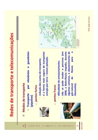 Redes de transporte e telecomunicações

   EB
  2,3/S
              Modos de transporte
   S             Transporte por oleodutos e gasodutos
   A
   N
                 (pipeline)
   T
   O                 pontos fortes
   S
                        redução dos custos de transporte;
   S
   I
                        é a forma mais segura de transportar
   M                    energia por terra – menor poluição.
   Õ
   E
   S
    *               pontos fracos
   G                    dificuldade de armazenamento;
   U
   I                    não se pode mudar o percurso (em
   M
   A                    2006, a Bielo-Rússia impediu, durante
   R
   Ã                    algumas semanas, o abastecimento de
   E
   S                    gás-natural da Rússia para a
                        Alemanha).
   11

2007/2008



                                                                Prof. João Ferreira
 