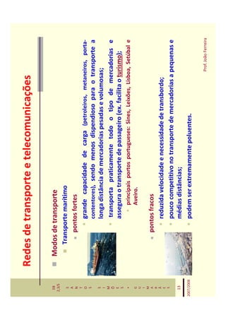 Redes de transporte e telecomunicações

   EB
  2,3/S
              Modos de transporte
   S             Transporte marítimo
   A
   N                 pontos fortes
   T
   O                     grande capacidade de carga (petroleiros, metaneiros, porta-
   S
                         contentores), sendo menos dispendioso para o transporte a
   S
   I
                         longa distância de mercadorias pesadas e volumosas;
   M
   Õ                      transporta praticamente todo o tipo de mercadorias e
   E
   S
                         assegura o transporte de passageiro (ex. facilita o turismo);
    *                         principais portos portugueses: Sines, Leixões, Lisboa, Setúbal e
   G                          Aveiro.
   U
   I
   M
   A                 pontos fracos
   R
   Ã
   E
                         reduzida velocidade e necessidade de transbordo;
   S
                         pouco competitivo no transporte de mercadorias a pequenas e
   13                    médias distâncias;
2007/2008                podem ser extremamente poluentes.

                                                                                 Prof. João Ferreira
 