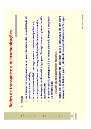 Redes de transporte e telecomunicações

   EB
  2,3/S
              Notas
   S             os transportes desempenham um papel fundamental na mobilidade de
   A
   N
                 pessoas e mercadorias;
   T
   O             o transporte rodoviário tem registado um crescimento significativo;
   S
                 o transporte marítimo tem uma grande importância à escala mundial;
   S
   I             o transporte multimodal surge para Portugal como o grande desafio
   M
   Õ             para o futuro;
   E
   S             a rede ferroviária portuguesa é das menos densa da Europa e encontra-
    *            se envelhecida;
   G
   U                  existem grande assimetrias regionais.
   I
   M             estão em desenvolvimento projectos para a construção de um novo
   A
   R             aeroporto de Lisboa e para a introdução da alta velocidade em Portugal;
   Ã
   E
   S


   29

2007/2008



                                                                            Prof. João Ferreira
 