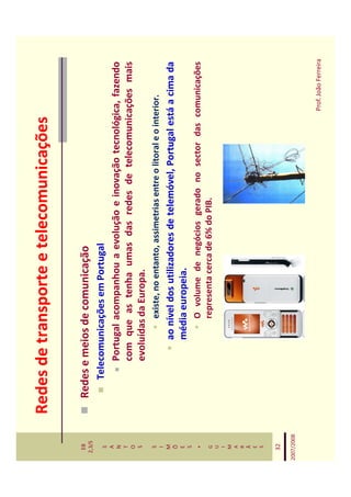 Redes de transporte e telecomunicações

   EB
  2,3/S
              Redes e meios de comunicação
   S             Telecomunicações em Portugal
   A
   N                 Portugal acompanhou a evolução e inovação tecnológica, fazendo
   T
   O                 com que as tenha umas das redes de telecomunicações mais
   S                 evoluídas da Europa.
   S                         existe, no entanto, assimetrias entre o litoral e o interior.
   I
   M
   Õ
                         ao nível dos utilizadores de telemóvel, Portugal está a cima da
   E                     média europeia.
   S
    *                        O volume de negócios gerado no sector das comunicações
   G                         representa cerca de 6% do PIB.
   U
   I
   M
   A
   R
   Ã
   E
   S


   32

2007/2008



                                                                                     Prof. João Ferreira
 