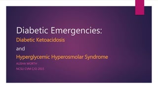 Diabetic Emergencies:
Diabetic Ketoacidosis
and
Hyperglycemic Hyperosmolar Syndrome
ALISHA WORTH
NCSU CVM C/O 2015
 