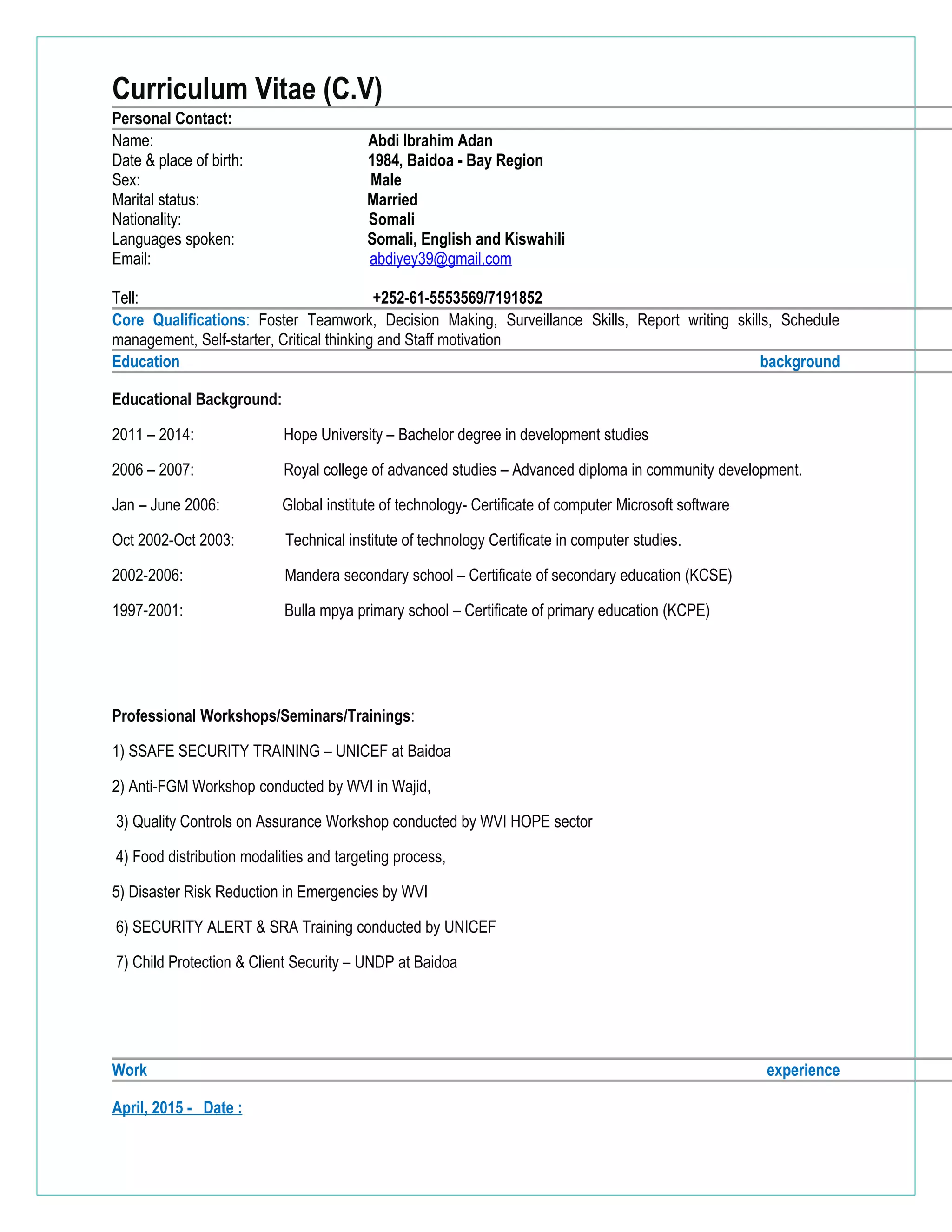 Abdi Kish CV-Updated | DOC | Non-Profit Organizations | Industries