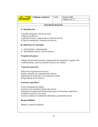 Galápago campestre           Fecha       Octubre 2006
                                                         Pagina 2 de 17

                                 Descripción del puesto

A) Identificación

1-Nombre del puesto: Jefe de servicios
2-Número de Plazas:1
3-Ubicación física y Administrativa: Zona de servicio
4-Tipo de contratación: Prestación de servicio.

B) Relaciones de Autoridad

5- Jefe Inmediato: Administrador
6- Subordinados directos: Jefe de meseros

Propósito del puesto:

 Manejo del personal (meseros), organización del restaurante y logística del
 Establecimiento, para un excelente servicio a los clientes.

 Funciones generales:

Seleccionar al personal de servicios
Generar manuales de compartimiento internos
Representar al restaurante en la atención al cliente
Dirigir manejo de los meseros

Funciones específicas:

Crear cronogramas de trabajo
Incentivar a los miembros del área de servicio
Jerarquizar la organización del personal, para crear funciones específicas
Controlar el servicio a las mesas
Evaluar y calificar el rendimiento individual y general del servicio

Responsabilidad

Manejo y control de logística.




                                           27
 