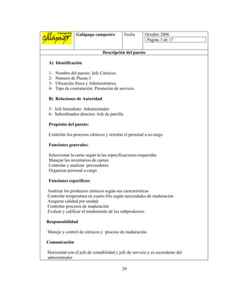 Galápago campestre           Fecha    Octubre 2006
                                                        Pagina 3 de 17

                                Descripción del puesto

 A) Identificación

 1-   Nombre del puesto: Jefe Cárnicos
 2-   Número de Plazas:1
 3-   Ubicación física y Administrativa.
 4-   Tipo de contratación: Prestación de servicio.

 B) Relaciones de Autoridad

 5- Jefe Inmediato: Administrador
 6- Subordinados directos: Jefe de parrilla

 Propósito del puesto:

 Controlar los procesos cárnicos y orientar el personal a su cargo

 Funciones generales:

 Seleccionar la carne según la las especificaciones requeridas
 Manejar los inventarios de carnes
 Controlar y analizar proveedores
 Organizar personal a cargo

 Funciones específicas:

Analizar los productos cárnicos según sus características
Controlar temperatura en cuarto frío según necesidades de maduración
Asegurar calidad por unidad
Controlar procesos de maduración
Evaluar y calificar el rendimiento de los subproductos.

Responsabilidad

Manejo y control de cárnicos y proceso de maduración.

Comunicación

Horizontal con el jefe de contabilidad y jefe de servicio y es ascendente del
administrador

                                           29
 