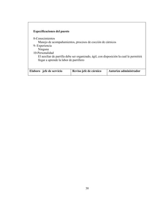 Especificaciones del puesto

  8-Conocimientos
      Manejo de acompañamientos, procesos de cocción de cárnicos
  9- Experiencia
      Ninguna
  10-Personalidad
      El auxiliar de parrilla debe ser organizado, ágil, con disposición la cual le permitirá
      llegar a aprende la labor de parrillero


Elaboro jefe de servicio          Reviso jefe de cárnico         Autorizo administrador




                                             38
 