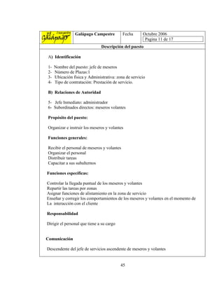Galápago Campestre          Fecha     Octubre 2006
                                                       Pagina 11 de 17
                               Descripción del puesto

A) Identificación

1-   Nombre del puesto: jefe de meseros
2-   Número de Plazas:1
3-   Ubicación física y Administrativa: zona de servicio
4-   Tipo de contratación: Prestación de servicio.

B) Relaciones de Autoridad

5- Jefe Inmediato: administrador
6- Subordinados directos: meseros volantes

Propósito del puesto:

Organizar e instruir los meseros y volantes

Funciones generales:

Recibir el personal de meseros y volantes
Organizar el personal
Distribuir tareas
Capacitar a sus subalternos

Funciones específicas:

Controlar la llegada puntual de los meseros y volantes
Repartir las tareas por zonas
Asignar funciones de alistamiento en la zona de servicio
Enseñar y corregir los comportamientos de los meseros y volantes en el momento de
La interacción con el cliente

Responsabilidad

Dirigir el personal que tiene a su cargo


Comunicación

Descendente del jefe de servicios ascendente de meseros y volantes


                                           45
 