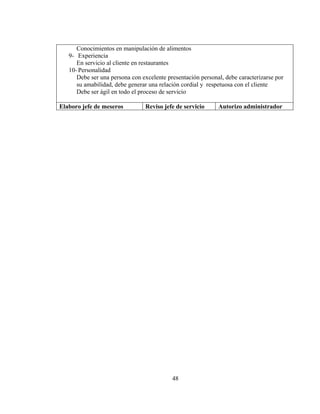 Conocimientos en manipulación de alimentos
   9- Experiencia
      En servicio al cliente en restaurantes
   10- Personalidad
      Debe ser una persona con excelente presentación personal, debe caracterizarse por
      su amabilidad, debe generar una relación cordial y respetuosa con el cliente
      Debe ser ágil en todo el proceso de servicio

Elaboro jefe de meseros         Reviso jefe de servicio      Autorizo administrador




                                           48
 