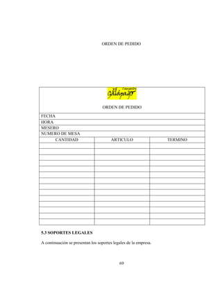 ORDEN DE PEDIDO




                                   ORDEN DE PEDIDO

FECHA
HORA
MESERO
NUMERO DE MESA
      CANTIDAD                         ARTICULO                   TERMINO




5.3 SOPORTES LEGALES

A continuación se presentan los soportes legales de la empresa.



                                            69
 