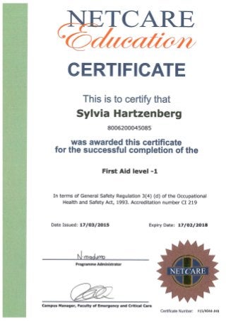 Sylvia Hartzenberg - NetCare 911 - First Aid 1 - March 2015 - Certificates 8