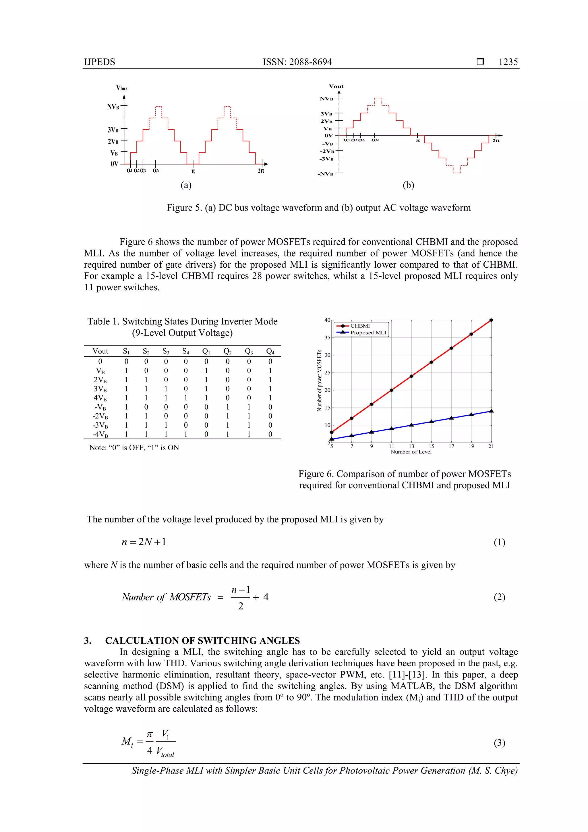 IJPEDS ISSN: 2088-8694 
Single-Phase MLI with Simpler Basic Unit Cells for Photovoltaic Power Generation (M. S. Chye)
1235
(a) (b)
Figure 5. (a) DC bus voltage waveform and (b) output AC voltage waveform
Figure 6 shows the number of power MOSFETs required for conventional CHBMI and the proposed
MLI. As the number of voltage level increases, the required number of power MOSFETs (and hence the
required number of gate drivers) for the proposed MLI is significantly lower compared to that of CHBMI.
For example a 15-level CHBMI requires 28 power switches, whilst a 15-level proposed MLI requires only
11 power switches.
Table 1. Switching States During Inverter Mode
(9-Level Output Voltage)
Vout S1 S2 S3 S4 Q1 Q2 Q3 Q4
0 0 0 0 0 0 0 0 0
VB 1 0 0 0 1 0 0 1
2VB 1 1 0 0 1 0 0 1
3VB 1 1 1 0 1 0 0 1
4VB 1 1 1 1 1 0 0 1
-VB 1 0 0 0 0 1 1 0
-2VB 1 1 0 0 0 1 1 0
-3VB 1 1 1 0 0 1 1 0
-4VB 1 1 1 1 0 1 1 0
Note: “0” is OFF, “1” is ON
Figure 6. Comparison of number of power MOSFETs
required for conventional CHBMI and proposed MLI
The number of the voltage level produced by the proposed MLI is given by
2 1n N  (1)
where N is the number of basic cells and the required number of power MOSFETs is given by
1
4
2
n
Number of MOSFETs

  (2)
3. CALCULATION OF SWITCHING ANGLES
In designing a MLI, the switching angle has to be carefully selected to yield an output voltage
waveform with low THD. Various switching angle derivation techniques have been proposed in the past, e.g.
selective harmonic elimination, resultant theory, space-vector PWM, etc. [11]-[13]. In this paper, a deep
scanning method (DSM) is applied to find the switching angles. By using MATLAB, the DSM algorithm
scans nearly all possible switching angles from 0º to 90º. The modulation index (Mi) and THD of the output
voltage waveform are calculated as follows:
1
4
i
total
V
M
V


(3)
a1 π 2π
VB
NVB
3VB
2VB
Vbus
0V
a2a3 aN
VB
NVB
3VB
2VB
-VB
-NVB
-3VB
-2VB
Vout
0V
a1 a2 a3 aN π 2π
5 7 9 11 13 15 17 19 21
5
10
15
20
25
30
35
40
Number of Level
NumberofpowerMOSFETs
CHBMI
Proposed MLI
 