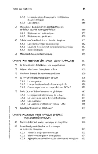 Table des matières IX
©
Dunod
–
La
photocopie
non
autorisée
est
un
délit.
6.3.3 L’eutrophisation des eaux et la prolifération
d’algues toxiques 157
6.3.4 Les allergies 158
6.4 Phénomènes d’adaptation des agents pathogènes
et de leurs vecteurs aux moyens de lutte 159
6.4.1 Résistance aux antibiotiques 159
6.4.2 Résistance aux pesticides 160
6.5 Substances d’intérêt médical et diversité biologique 162
6.5.1 Les pharmacopées traditionnelles 162
6.5.2 Diversité biologique et industrie pharmaceutique 162
6.5.3 Biotechnologies 164
6.6 Maladies et changements climatiques 165
CHAPITRE 7 • LES RESSOURCES GÉNÉTIQUES ET LES BIOTECHNOLOGIES 167
7.1 La domestication de la Nature: une longue histoire 168
7.2 Créer et sélectionner des espèces «utiles» 169
7.3 Gestion et diversité des ressources génétiques 170
7.4 La révolution biotechnologique et les OGM 176
7.4.1 La transgénèse 176
7.4.2 Les applications dans le domaine agricole 178
7.4.3 Comment prévenir les risques liés aux OGM? 179
7.5 Droits de propriété sur les ressources génétiques 182
7.5.1 L’engagement international de la FAO 183
7.5.2 La Convention sur la diversité biologique 184
7.5.3 Les catalogues 185
7.5.4 Le Certificat d’obtention végétale (COV) 186
7.6 Brevets sur le vivant: un débat ouvert 187
CHAPITRE 8 • LA NATURE « UTILE » : VALEURS ET USAGES
DE LA DIVERSITÉ BIOLOGIQUE 189
8.1 Notions de biens et services fournis par les écosystèmes 190
8.2 Bases théoriques de l’évaluation économique
de la diversité biologique 193
8.2.1 Valeurs d’usage et de non-usage 193
8.2.2 Biens économiques et biens gratuits 194
8.2.3 Appropriation et/ou libre accès à la diversité biologique 195
 
