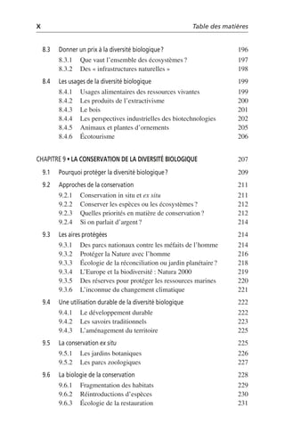 X Table des matières
8.3 Donner un prix à la diversité biologique? 196
8.3.1 Que vaut l’ensemble des écosystèmes? 197
8.3.2 Des «infrastructures naturelles» 198
8.4 Les usages de la diversité biologique 199
8.4.1 Usages alimentaires des ressources vivantes 199
8.4.2 Les produits de l’extractivisme 200
8.4.3 Le bois 201
8.4.4 Les perspectives industrielles des biotechnologies 202
8.4.5 Animaux et plantes d’ornements 205
8.4.6 Écotourisme 206
CHAPITRE 9 • LA CONSERVATION DE LA DIVERSITÉ BIOLOGIQUE 207
9.1 Pourquoi protéger la diversité biologique? 209
9.2 Approches de la conservation 211
9.2.1 Conservation in situ et ex situ 211
9.2.2 Conserver les espèces ou les écosystèmes? 212
9.2.3 Quelles priorités en matière de conservation? 212
9.2.4 Si on parlait d’argent? 214
9.3 Les aires protégées 214
9.3.1 Des parcs nationaux contre les méfaits de l’homme 214
9.3.2 Protéger la Nature avec l’homme 216
9.3.3 Écologie de la réconciliation ou jardin planétaire? 218
9.3.4 L’Europe et la biodiversité: Natura 2000 219
9.3.5 Des réserves pour protéger les ressources marines 220
9.3.6 L’inconnue du changement climatique 221
9.4 Une utilisation durable de la diversité biologique 222
9.4.1 Le développement durable 222
9.4.2 Les savoirs traditionnels 223
9.4.3 L’aménagement du territoire 225
9.5 La conservation ex situ 225
9.5.1 Les jardins botaniques 226
9.5.2 Les parcs zoologiques 227
9.6 La biologie de la conservation 228
9.6.1 Fragmentation des habitats 229
9.6.2 Réintroductions d’espèces 230
9.6.3 Écologie de la restauration 231
 