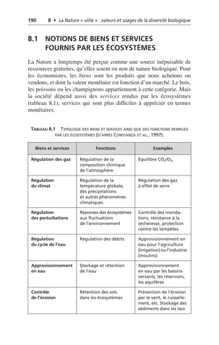 190 8 • La Nature « utile » : valeurs et usages de la diversité biologique
8.1 NOTIONS DE BIENS ET SERVICES
FOURNIS PAR LES ÉCOSYSTÈMES
La Nature a longtemps été perçue comme une source inépuisable de
ressources gratuites, qu’elles soient ou non de nature biologique. Pour
les économistes, les biens sont les produits que nous achetons ou
vendons, et dont la valeur monétaire est fonction d’un marché. Le bois,
les poissons ou les champignons appartiennent à cette catégorie. Mais
la société dépend aussi des services rendus par les écosystèmes
(tableau 8.1), services qui sont plus difficiles à apprécier en termes
monétaires.
TABLEAU 8.1 TYPOLOGIE DES BIENS ET SERVICES AINSI QUE DES FONCTIONS REMPLIES
PAR LES ÉCOSYSTÈMES (D’APRÈS CONSTANZA ET AL., 1997).
Biens et services Fonctions Exemples
Régulation des gaz Régulation de la
composition chimique
de l’atmosphère
Équilibre CO2/O2,
Régulation
du climat
Régulation de la
température globale,
des précipitations
et autres phénomènes
climatiques
Régulation des gaz
à effet de serre
Régulation
des perturbations
Réponses des écosystèmes
aux fluctuations
de l’environnement
Contrôle des inonda-
tions, résistance à la
sécheresse, protection
contre les tempêtes
Régulation
du cycle de l’eau
Régulation des débits Approvisionnement en
eau pour l’agriculture
(irrigation) ou l’industrie
(moulins)
Approvisionnement
en eau
Stockage et rétention
de l’eau
Approvisionnement
en eau par les bassins
versants, les réservoirs,
les aquifères
Contrôle
de l’érosion
Rétention des sols
dans les écosystèmes
Prévention de l’érosion
par le vent, le ruisselle-
ment, etc. Stockage des
sédiments dans les lacs
 