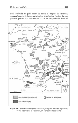 9.3 Les aires protégées 215
alors soustraire des pans entiers de nature à l’emprise de l’homme,
considéré comme le facteur principal de perturbation. Cet état d’esprit
qui avait présidé à la création en 1872 d’un des premiers parcs au
Figure 9.1 Répartition des parcs nationaux, des parcs naturels régionaux
et des réserves de la biosphère, en France métropolitaine.
Parcs naturels régionaux (PNR)
Parcs nationaux (PN)
Camargue
Haut-
Languedoc
Pyrénées
catalanes
Grands-
Causses
P.N. des
Cévennes
Lubéron
Corse
P.N. du
Mercantour
Queyras
Vercors
P.N. des
Écrins
Chartreuse P.N. de la
Vanoise
Massif
des Bauges
Morvan
Ballon
des Vosges
Vosges
du Nord
Lorraine
Montagne
de Reims
Forêt
d'Orient
Scarpe-Escaut
Brotonne
Marais du
Cotentin
et du Bessin Normandie-
Maine
Armorique
Brière
Brenne
P.N. des
Pyrénées-
Occidentales
Volcans
Millevaches
d’Auvergne
Livradois-
Forez
Vallée de
Chevreuse
Vexin
Perche
Manche
OCÉAN
ATLANTIQUE
Mer Méditerranée
E S PA G N E
B E L G I Q U E
L U X .
A L L E M A G N E
S U I S S E
I T A L I E
R O Y A U M E - U N I
200 km
ANDORRE
Loire
Anjou
Landes de
Gascogne
Verdon
Gâtinais
Nord-
Pas de Calais
Réserves de la biosphère
Mer d’Iroise
Pays de
Fontainebleau
Mt.
Ventoux
Le Fango
P. N. Port-Cros
Pilat
Causses
du Quercy
Haut-
Jura
Avesnois
Oise
Périgord-
Limousin
 