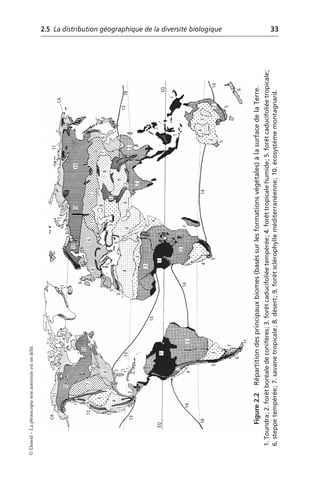 2.5 La distribution géographique de la diversité biologique 33
©
Dunod
–
La
photocopie
non
autorisée
est
un
délit.
Figure
2.2
Répartition
des
principaux
biomes
(basés
sur
les
formations
végétales)
à
la
surface
de
la
Terre.
1.
Toundra;
2.
forêt
boréale
de
conifères;
3.
forêt
caducifoliée
tempérée;
4.
forêt
tropicale
humide;
5.
forêt
caducifoliée
tropicale;
6.
steppe
tempérée;
7.
savane
tropicale;
8.
désert;
9.
forêt
sclérophylle
méditerranéenne;
10.
écosystème
montagnard.
11
11
11
11
11
12
CA
TR
EQ
10
10
10
13
14
CA
10
7
6
6
3
4
2
2
3
1
2
12
13
14
TR
EQ
12
13
13
14
14
10
5
4
4
2
2
4
5
5
6
6
3
7
8
12
12
7
7
8
6
9
6
4
4
2
2
2
4
3
3
5
5
6
1
1
3
3
5
2
5
5
6
11
7
1
4
6
 
